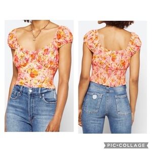 HEATHERLY Women’s Floral Cap Sleeve Crop Top Orange Pink Smocked Back Stretch MP